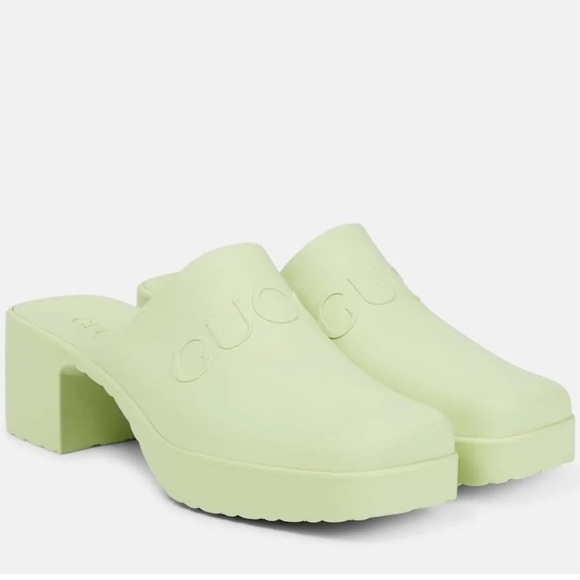 GUCCI NWT NIB mint pastel green rubber logo embossed high heel clogs size 38 - Picture 1 of 5